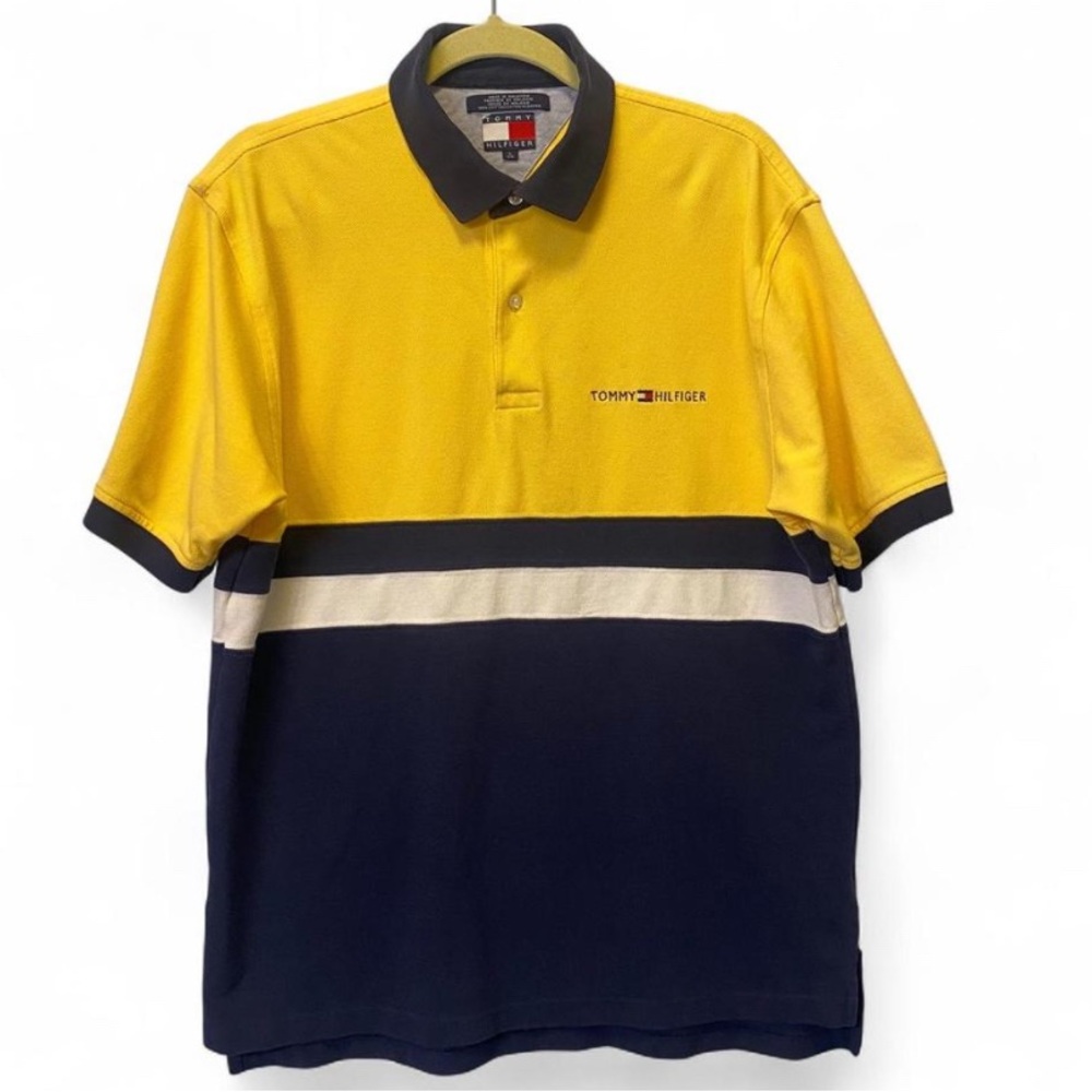 Vintage 90s Tommy Hilfiger Yellow Navy Color Block Polo Shirt L